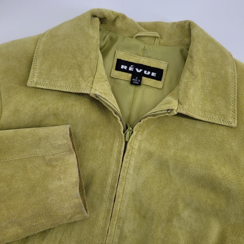 Revue Womens Chartreuse Lime Green Genuine Suede Leather Zip Jacket Y2K Size 4
